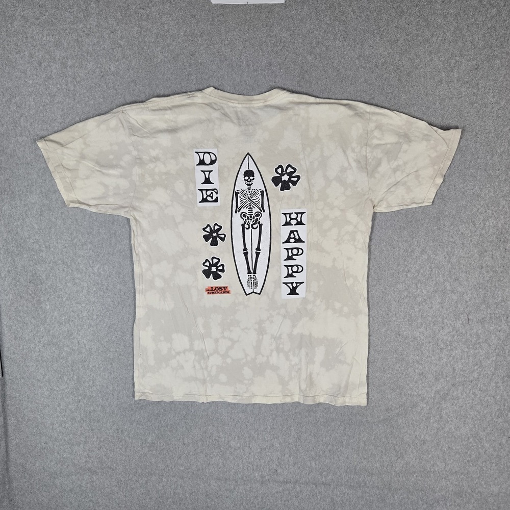 Lost Men Shirt LARGE Beige Camiseta Skater Skeleton Surfboard Tie Dye Grunge